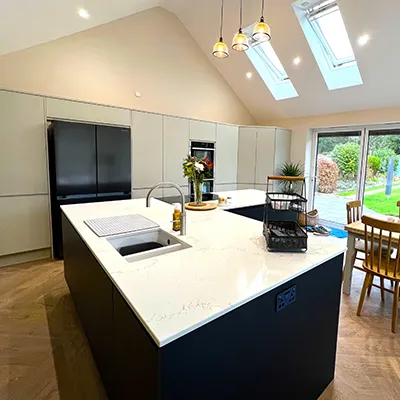 kitchen island with blue bottom